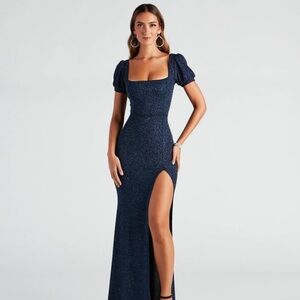 Windsor Blue Slit Sweetheart Maxi Gown